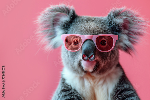 Front view portrait of gray koala wearing sunglasses on a pink background. © TATIANA