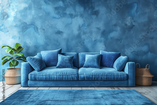 Sofa on background of blue wall, concept of modern minimalist interior.