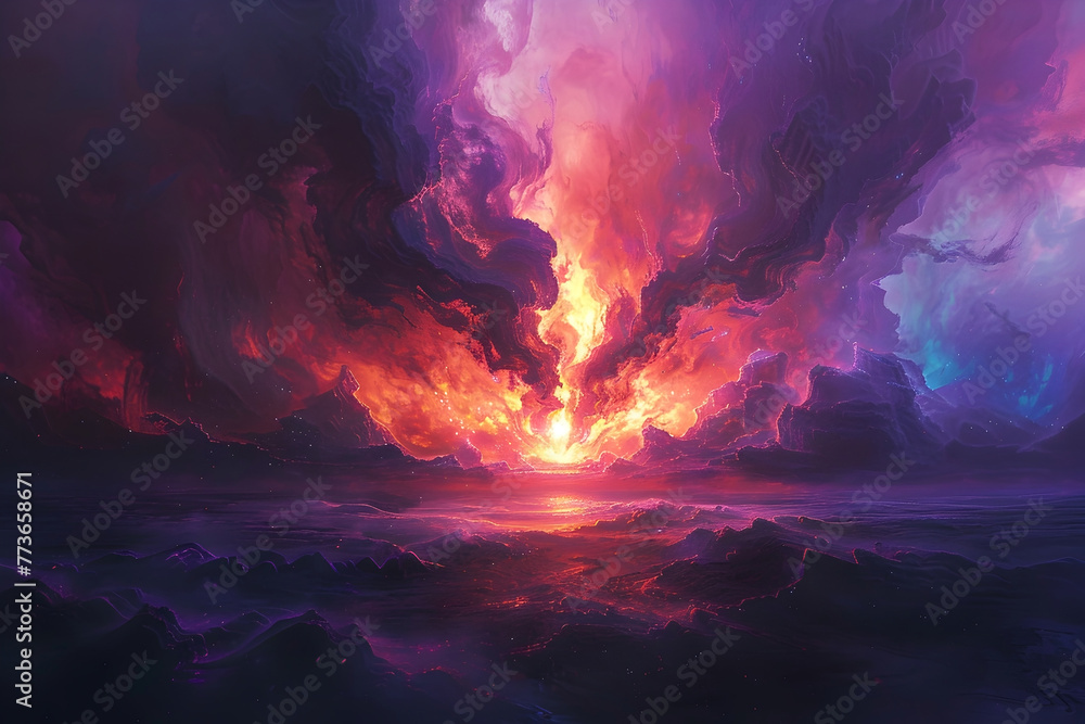 Fototapeta premium Cataclysmic Cosmic Storm:A Surreal Explosion of Ethereal Energy Lights the Darkened Skies