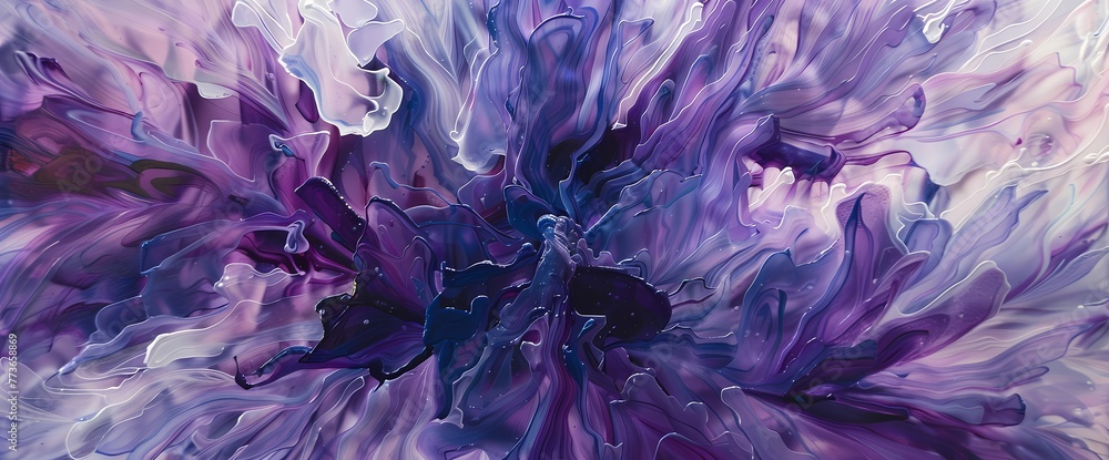 A kaleidoscope of indigo and lilac bursts forth, painting an abstract masterpiece on a canvas of liquid color.