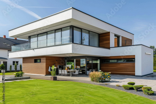 A modern house with white walls, wooden garage and large windows on the side of green grass lawn in Germany © Kien