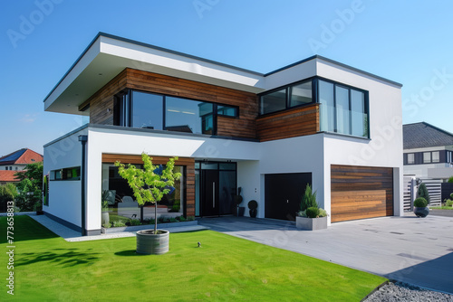 A modern house with white walls, wooden garage and large windows on the side of green grass lawn in Germany © Kien