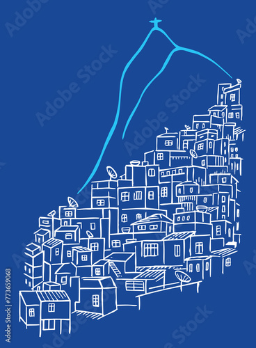 Vector illustration of favela landscape with mountain in the background. Art with stylized features.