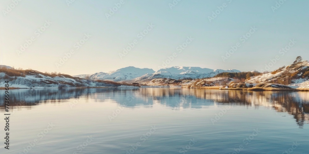 Snow-covered mountains form a stunning backdrop to a body of water in beautiful Norway scenery