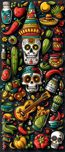 Illustration in honor of the Mexican holiday Cinco de Mayo: chili, sugar skull, taco and others. Illustrations for posters, banners, prints in honor of Mexican holidays © Bonya Sharp Claw