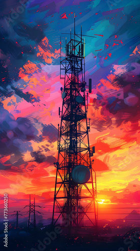 Futuristic Wireless Communication Tower Silhouetted Against Dramatic Sunset Sky