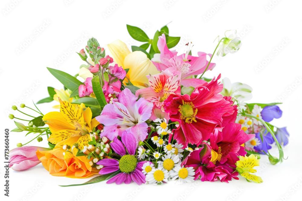 A vibrant and colorful bouquet of mixed flowers isolated on a white background