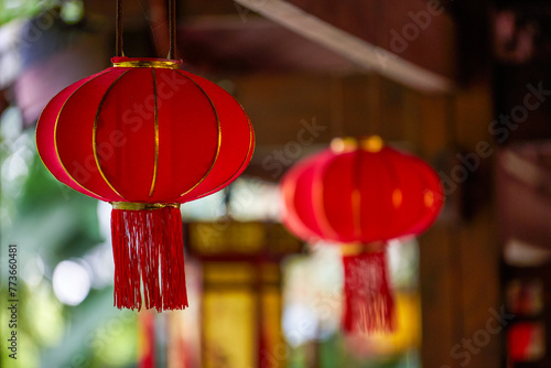 Festive Chinese New Year red lanterns close-up