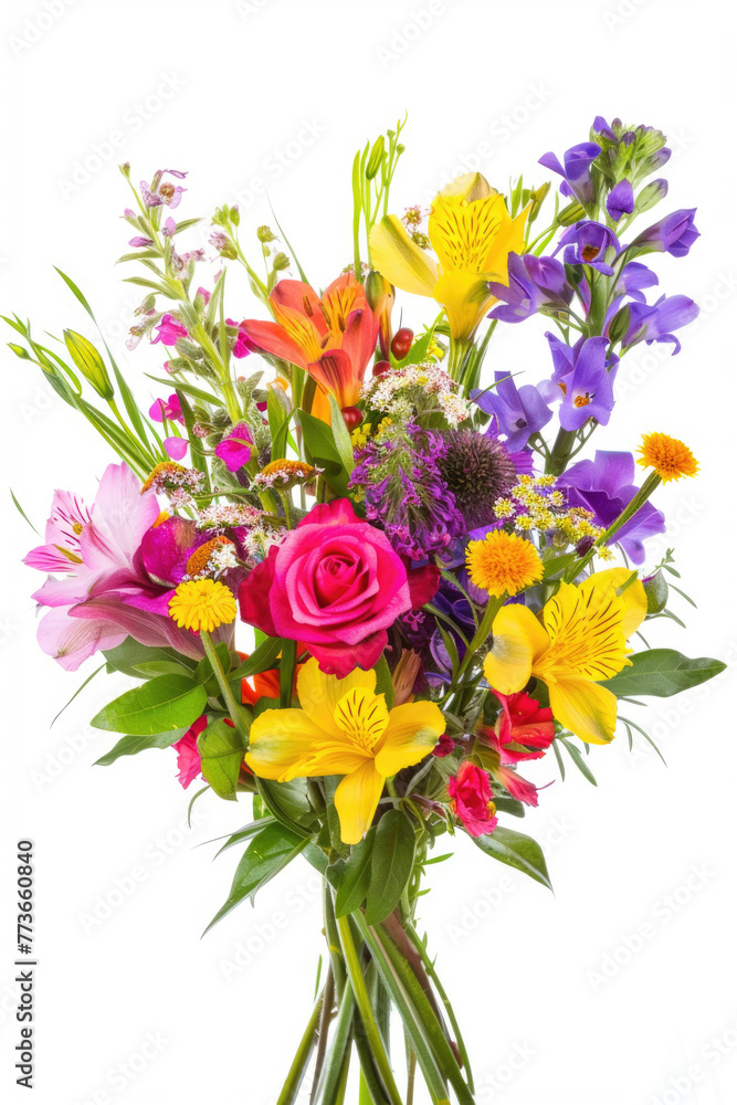 Fototapeta premium A vibrant and colorful bouquet of mixed flowers isolated on a white background
