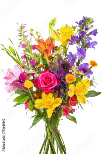 A vibrant and colorful bouquet of mixed flowers isolated on a white background