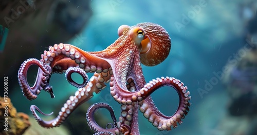 Octopus changing colors, tentacles spread, master of camouflage and escape. 