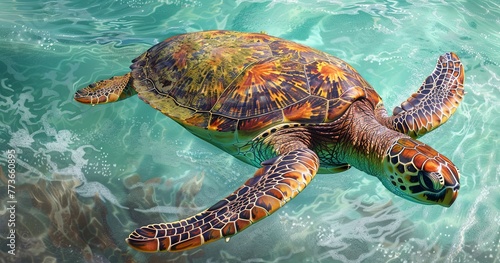 Sea Turtle gracefully swimming, ancient mariner, shell pattern detailed. 