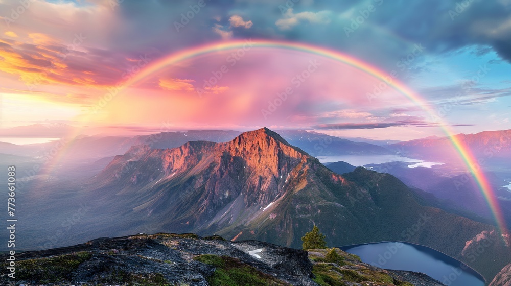 Elysian Peaks An Amazing Landscapes View of Mountain with Rainbow on Sunrise, Where Nature Beauty Takes Center Stage - obrazy, fototapety, plakaty 