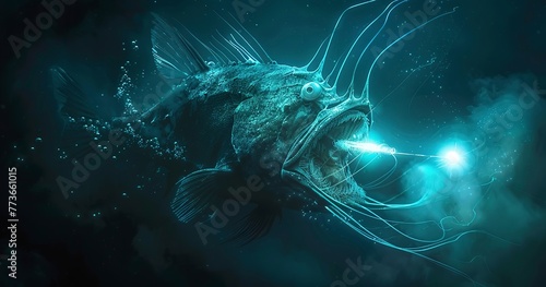 Anglerfish with luminescent lure, deep-sea hunter, eerie and fascinating. 