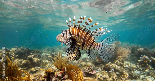 Lionfish swimming, venomous spines, striking pattern, an invasive beauty.  photo