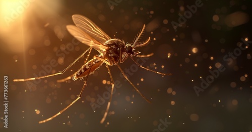 Mosquito in flight, wings buzzing, a pesky but fascinating insect. 