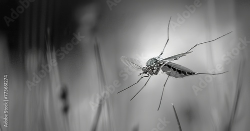 Mosquito in flight, wings buzzing, a pesky but fascinating insect. 