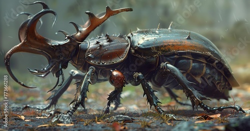 Stag beetle with large mandibles  ready for combat  armored and formidable. 