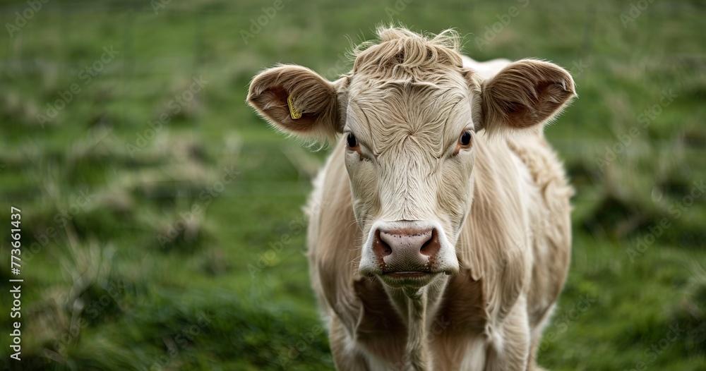 Cow with a glossy coat, standing content, embodiment of farm life. 