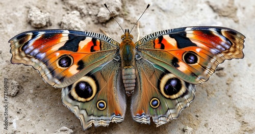 Butterfly with eyespots on wings, mimicking predators, beauty and defense. 