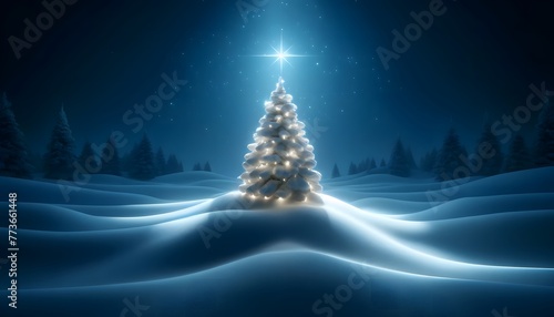 A glowing Christmas tree topped with a bright star stands alone on a serene, snow-covered landscape under a starlit sky. christmas tree in the night © PixelArtBox