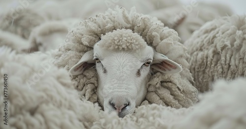 Sheep with fluffy wool, serene expression, ready for shearing. 