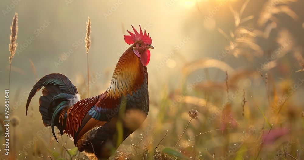 Rooster crowing at dawn, feathers colorful, the farm's natural alarm clock.  - obrazy, fototapety, plakaty 
