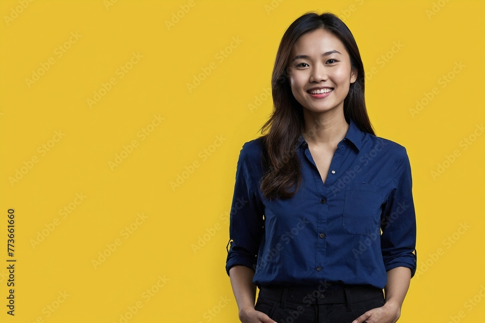 Asian woman with smile on her face and hands in pockets next to an empty space on yellow background. Young beautiful woman next to a place for advertising text in studio.
