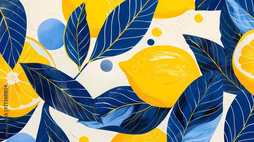 Digital yellow and blue lemon pattern illustration poster web page PPT background