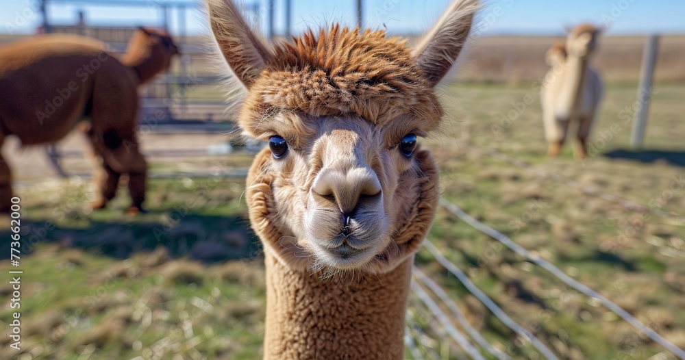 Fototapeta premium Alpaca with curious eyes, fleece luxurious, a gentle and valuable farm member. 