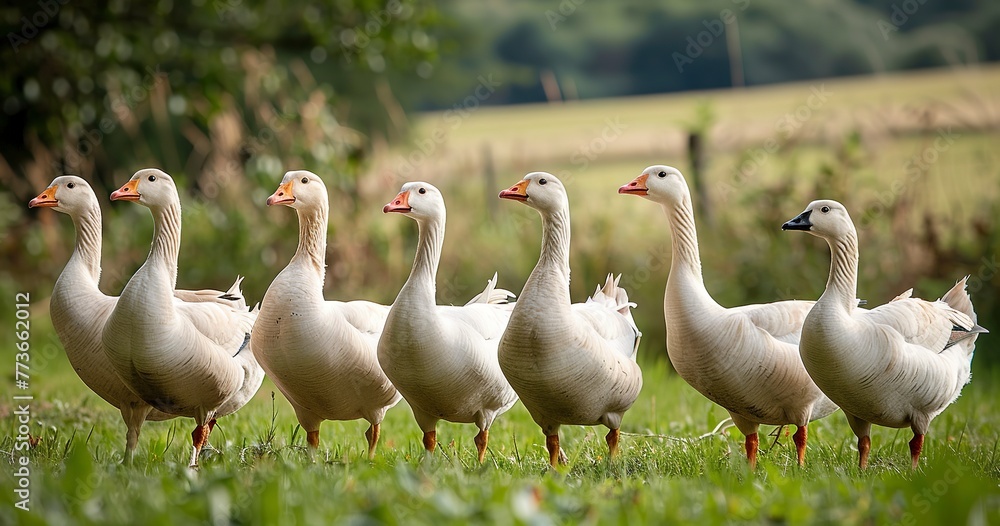 Geese in formation, loyal and protective, the farm's watchful eyes. Geese in formation, loyal and protective, the farm's watchful eyes.