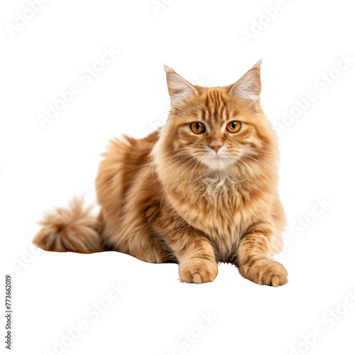 A cute ginger cat sitting on the floor against a white background in a full body shot