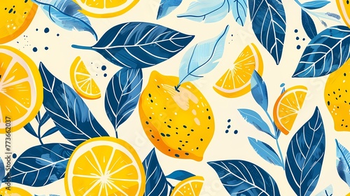 Digital yellow and blue lemon pattern illustration poster web page PPT background