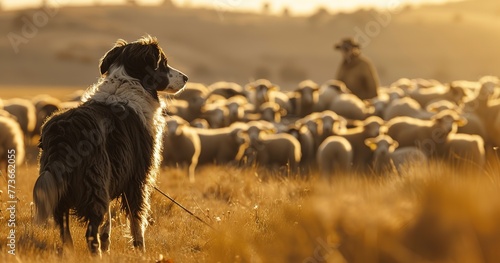 Dog herding sheep, focused and loyal, an indispensable farmhand.