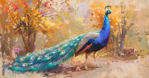 Peacock strutting, tail feathers splendid, adding beauty to the farmstead. 