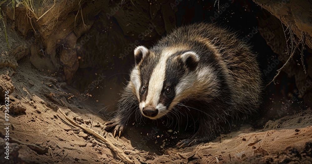 Badger in a digging pose, claws ready, a burrower's life. - obrazy, fototapety, plakaty 