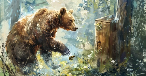 Bear pawing at a beehive, fur coarse, a giant of the forest. 