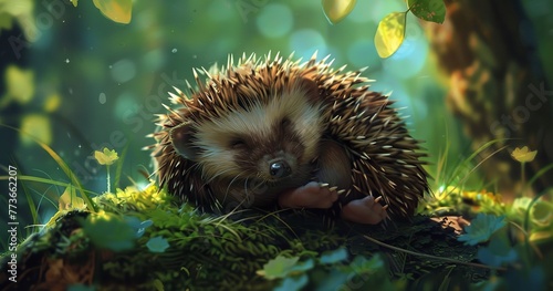 Hedgehog curled in a ball, spines up, a tiny forest dweller. 