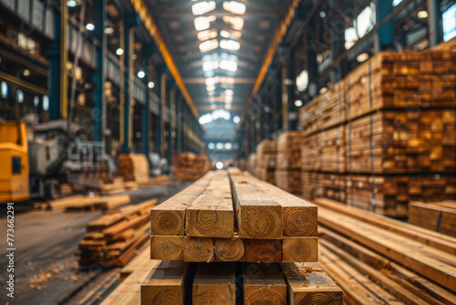Interior of a timber mill with piles of cut wood planks, highlighting the detailed wood textures in the foreground and stacks of lumber receding into the soft-focused background