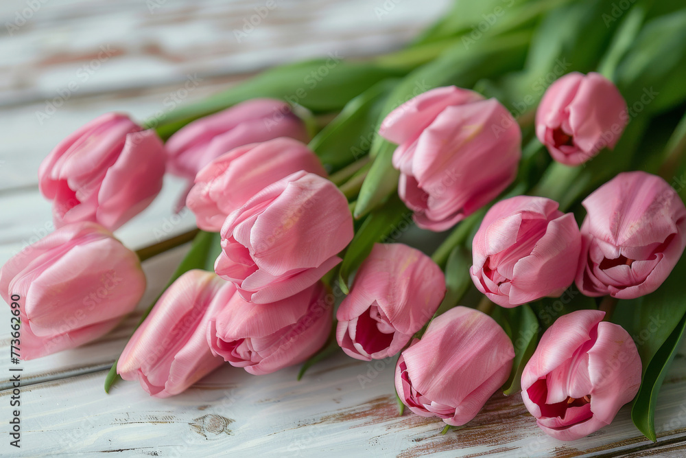 A vibrant bouquet of soft pink tulips lies casually arranged on a rustic white wooden background, conveying a sense of fresh spring elegance