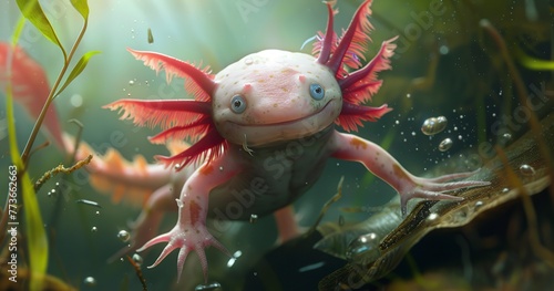 Axolotl, gills fluttering, underwater smile, a mysterious aquatic salamander.