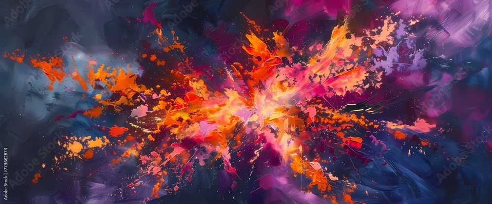 A burst of fiery orange and magenta hues colliding in a vivid explosion of energy against a deep indigo backdrop. A burst of fiery orange and magenta hues colliding in a vivid explosion of energy against a deep indigo backdrop.