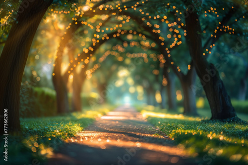 Dreamy, abstract natural setting with a soft glow and blurred trees in a park