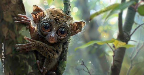 Tarsier, enormous eyes fixed, tiny primate clinging to a branch. 