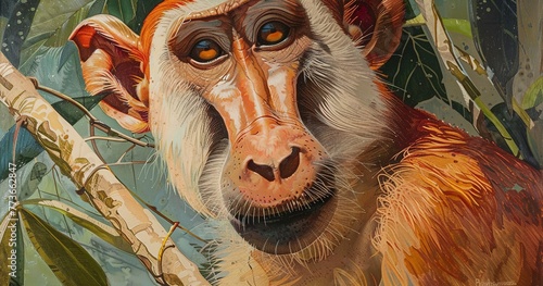 Proboscis Monkey, distinctive large nose, thoughtful expression, a Borneo native. 