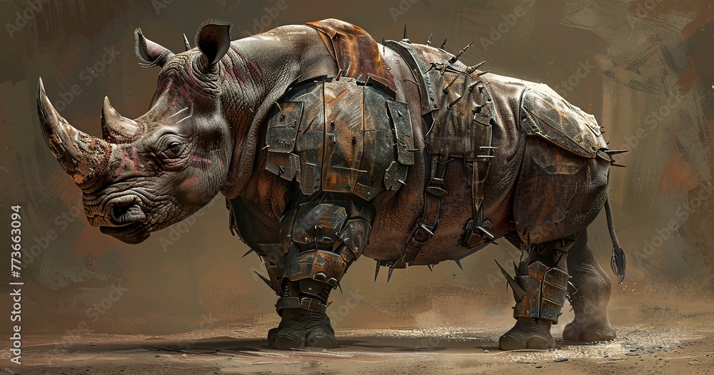 Fototapeta premium Rhinoceros, horn prominent, armor-like skin, a symbol of strength. 