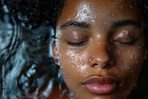Close-up portrait of a person with water droplets on their face  eyes closed in a peaceful expression