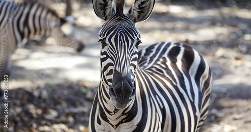 Zebra with striking black and white stripes, alert and social.