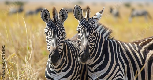 Zebra with striking black and white stripes, alert and social. 