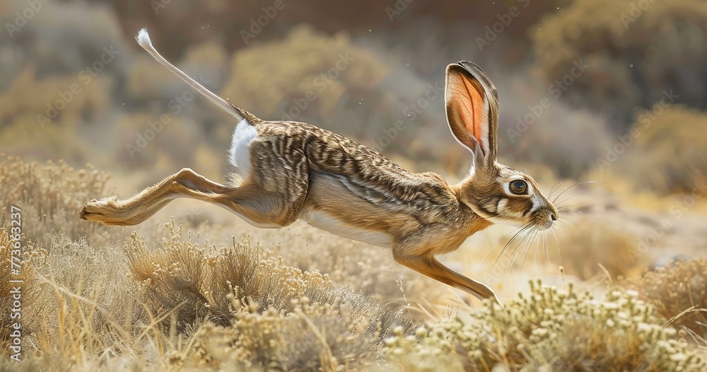 Antelope Jackrabbit, ears large for cooling, in mid-leap, agile and